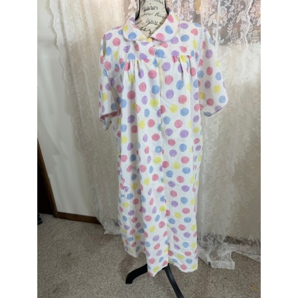 Vintage 50s Pastel Polka Dot House Dress Button Front Duster Robe with Pocket